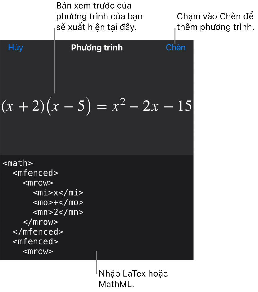 Hộp thoại Phương trình, đang hiển thị phương trình được viết bằng các lệnh MathML và bản xem trước của công thức ở bên trên.