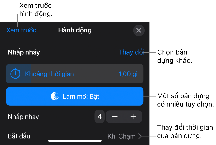 Các tùy chọn bản dựng bao gồm Thời lượng và Định thời gian bắt đầu. Chạm vào Thay đổi để chọn bản dựng khác hoặc chạm vào Xem trước để xem trước bản dựng.