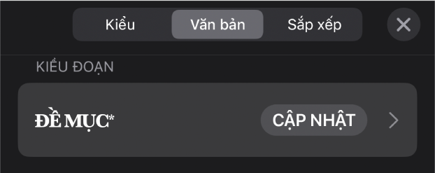 Một kiểu đoạn có dấu hoa thị ở bên cạnh và nút Cập nhật ở bên phải.