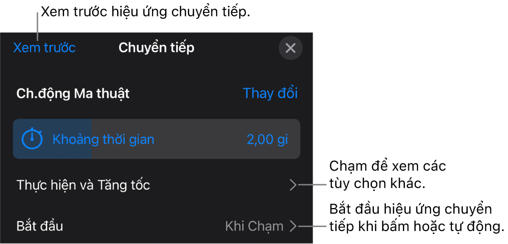 Các điều khiển Chuyển động ma thuật trong khung Chuyển tiếp.