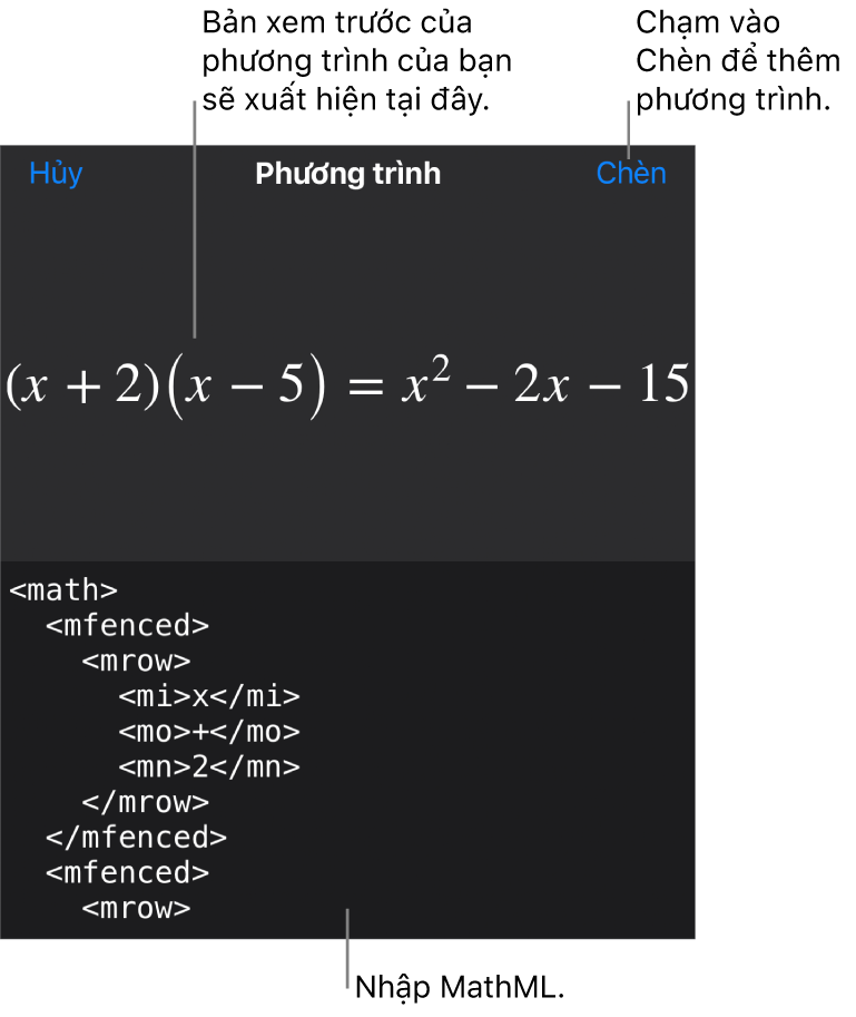 Hộp thoại Phương trình, đang hiển thị phương trình được viết bằng các lệnh MathML và bản xem trước của công thức ở bên trên.