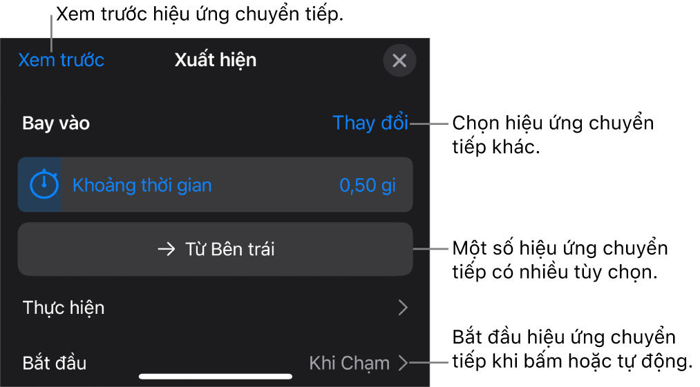 Các điều khiển trong khung Tùy chọn để sửa đổi hiệu ứng chuyển tiếp.