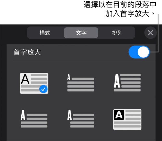 「首字放大」控制項目位於「文字」選單。