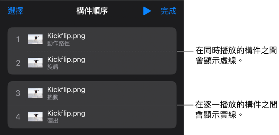 「構件順序」選單，在同時播放的構件之間顯示虛線，在逐一播放的構件之間則為實線。