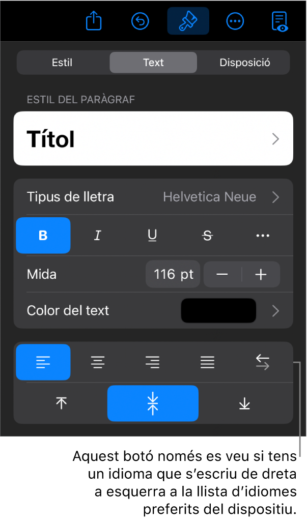 Controls de text del menú Format, amb una llegenda per al botó “D’esquerra a dreta”.