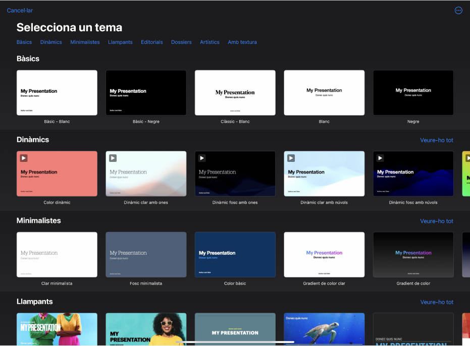 El selector de temes, amb una fila de categories a la part superior que pots tocar per filtrar les opcions. El botó Més a l’angle superior dret, des d’on pots definir el format Estàndard o Panoràmic i aplicar el format d’una regió o d’un idioma concrets. A sota hi ha miniatures de temes predissenyats ordenades en files per categoria. Es mostra el botó “Mostra-ho tot” a la part superior i a la dreta de cada fila de categories.
