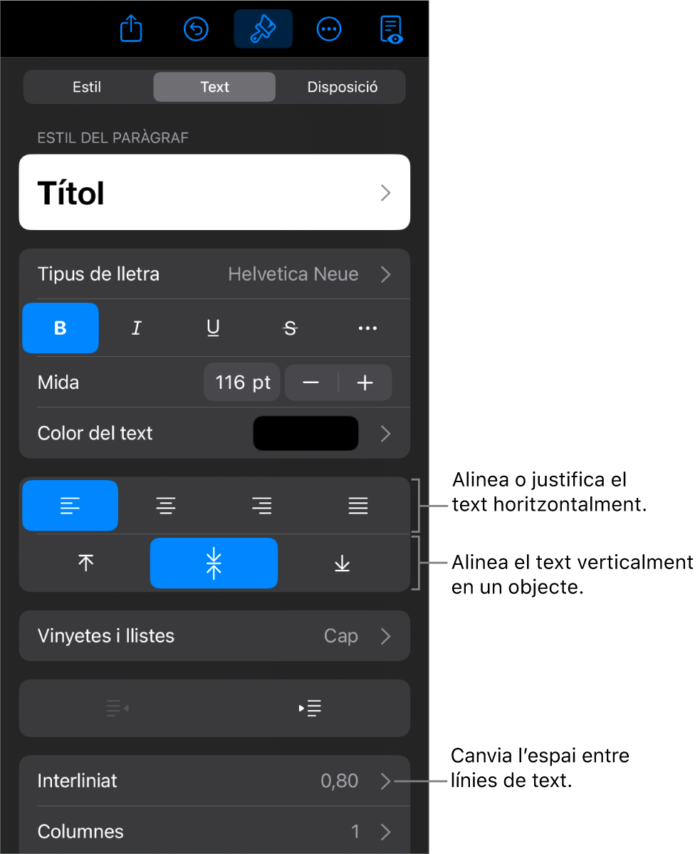 La secció Disposició, amb llegendes per als botons d’alineació i d’espaiat del text.