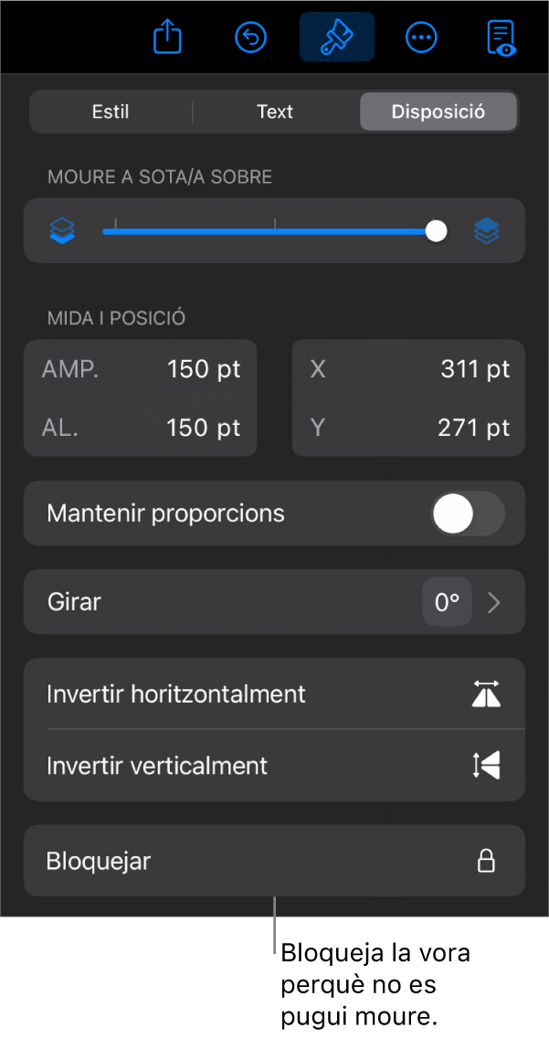 Els controls de disposició al menú “Format” amb el botó “Bloqueja” ressaltat.