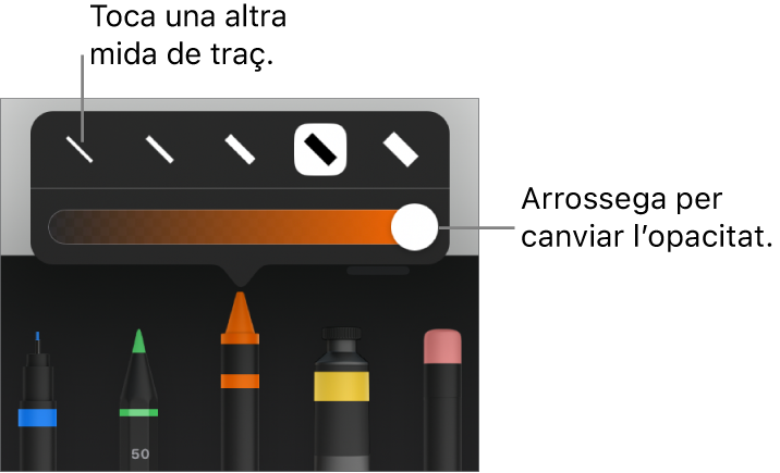 Controls per triar una mida de traç i un regulador per ajustar‑ne l’opacitat.