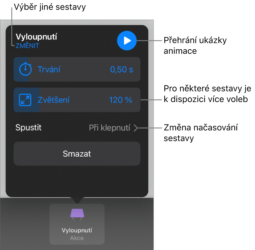 K volbám sestavy patří Trvání a Prodleva začátku Chcete-li vybrat jinou sestavu, klepněte na Změnit. Klepnutím na Náhled spustíte náhled sestavy