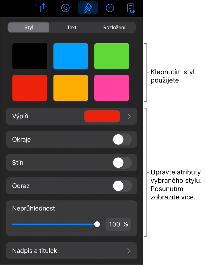 Panel Styl v nabídce Formát se styly objektů u horního okraje. Pod nimi jsou ovládací prvky pro ohraničení, stín, odraz a neprůhlednost.