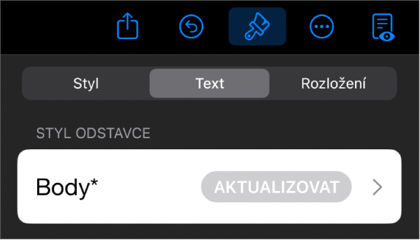 Styl odstavců s hvězdičkou a tlačítkem Aktualizovat napravo.