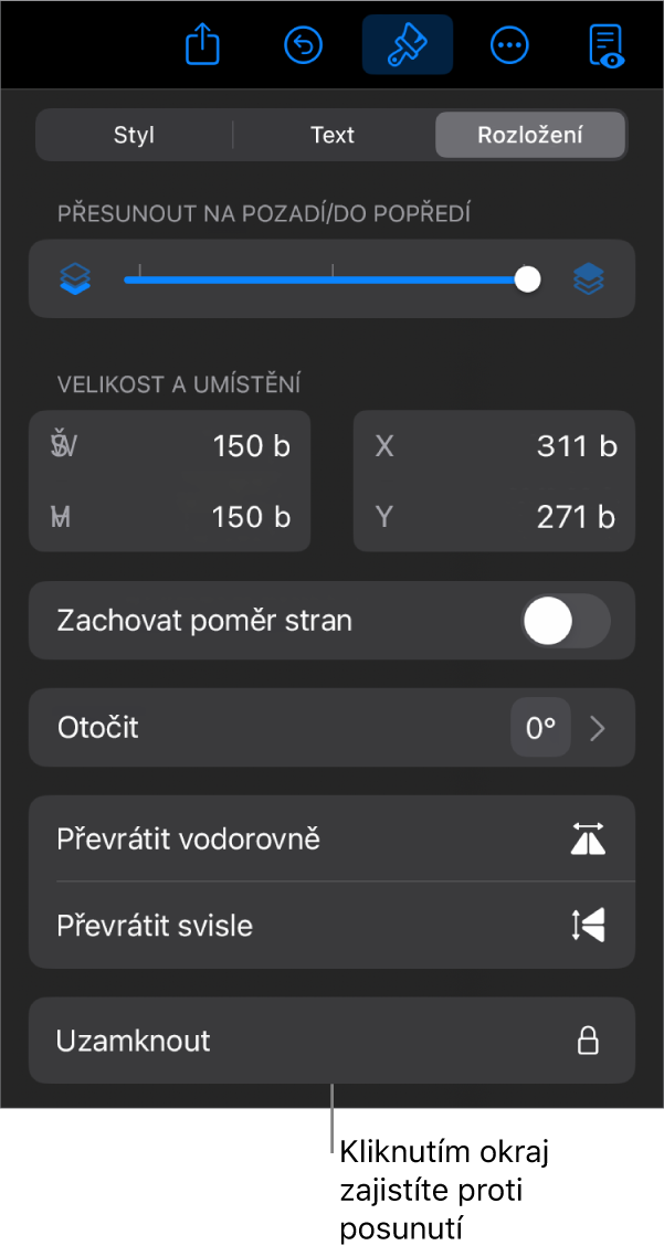 Ovládací prvky pro rozložení v nabídce Formát; vyznačeno je tlačítko Zamknout