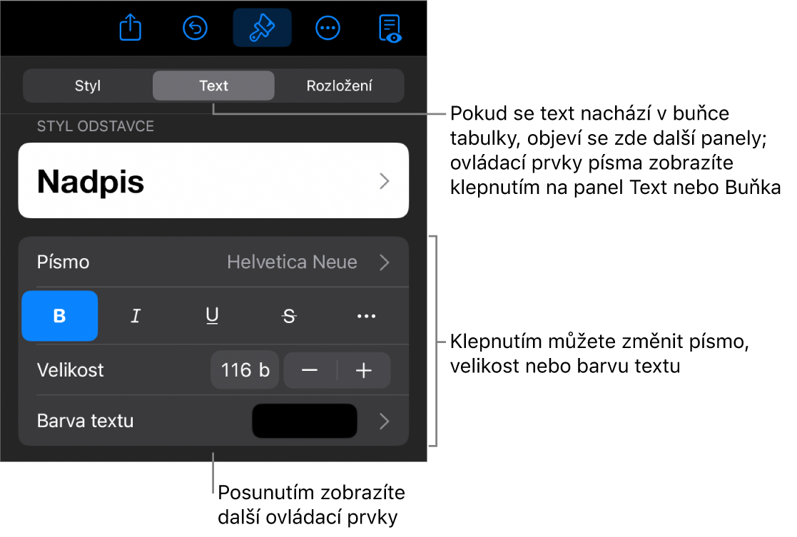 Ovládací prvky pro text v nabídce Formát pro nastavení stylů, písma, velikosti a barvy odstavce a znaků