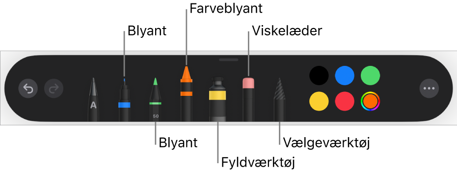 Værktøjslinjen til tegning med kuglepen, blyant, farveblyant, fyldværktøj, viskelæder, vælgeværktøj og felt, der viser den aktuelle farve.