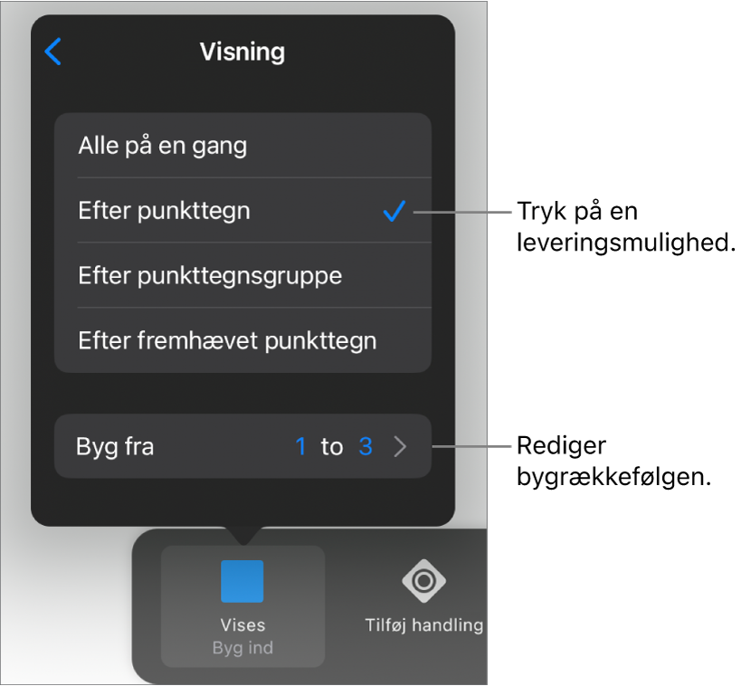 Visningsindstillinger i vinduet Byg ind.