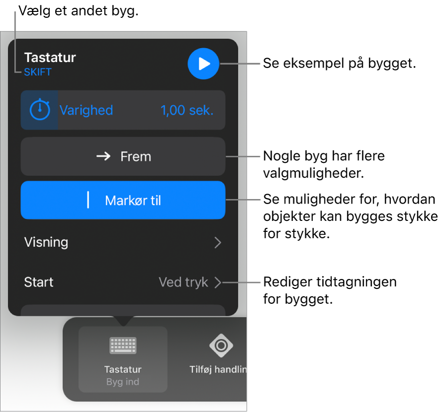 Mulighederne til Byg omfatter Varighed, Visning og Starttid. Tryk på Skift for at vælge et andet byg, eller tryk på Eksempel for at se et eksempel på bygget.