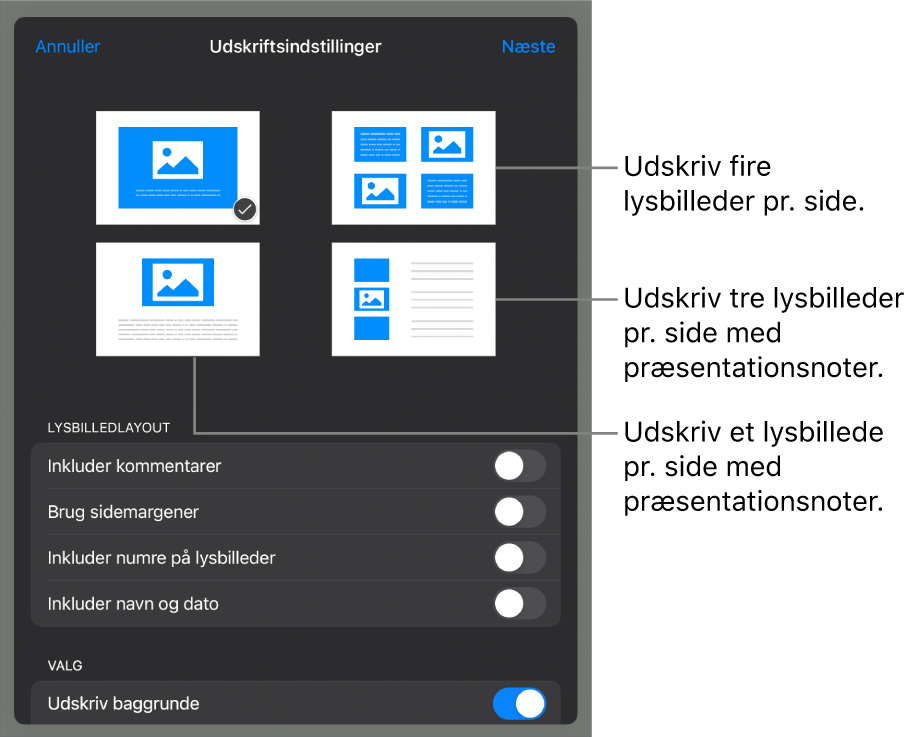 Indstillinger til layout af udskrivning.
