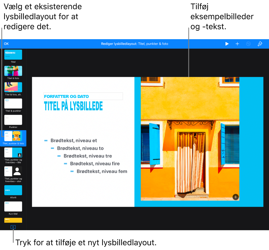 Et lysbilledlayout vises på lysbilledlærredet med knappen Tilføj lysbilledlayout nederst i lysbillednavigatoren.
