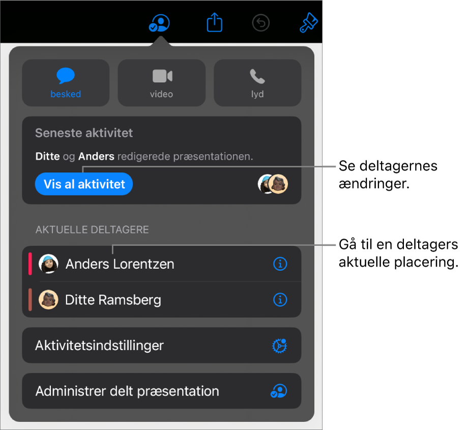 Samarbejdsmenuen, hvor aktuelle deltagere er angivet.