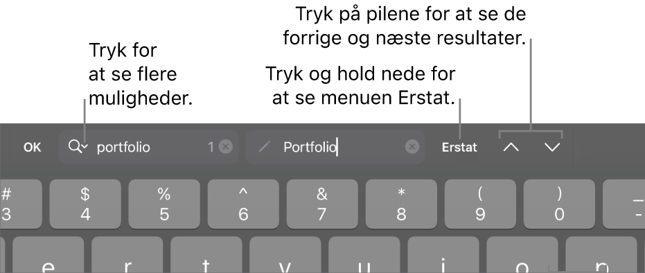 Betjeningsmulighederne til Find & erstat over tastaturet med billedforklaringer til knapperne Søgeindstillinger, Erstat, Gå op og Gå ned.
