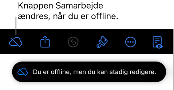 Knapperne øverst på skærmen, hvor knappen Samarbejde er ændret til en sky med en skrå streg over. En besked på skærmen med teksten “Du er offline, men du kan stadig redigere”.