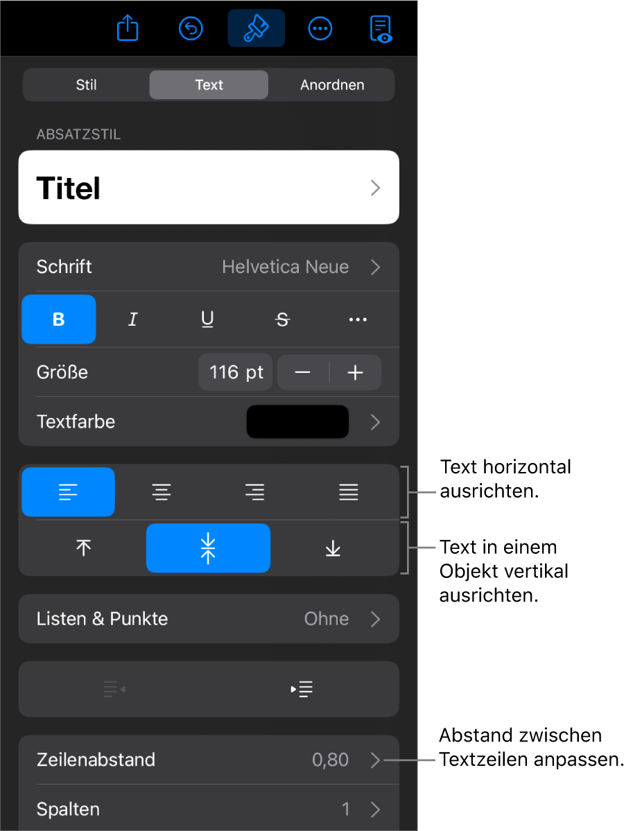 Der Bereich „Layout“ mit Beschreibungen der Tasten für Textausrichtung und Zeichenabstand.