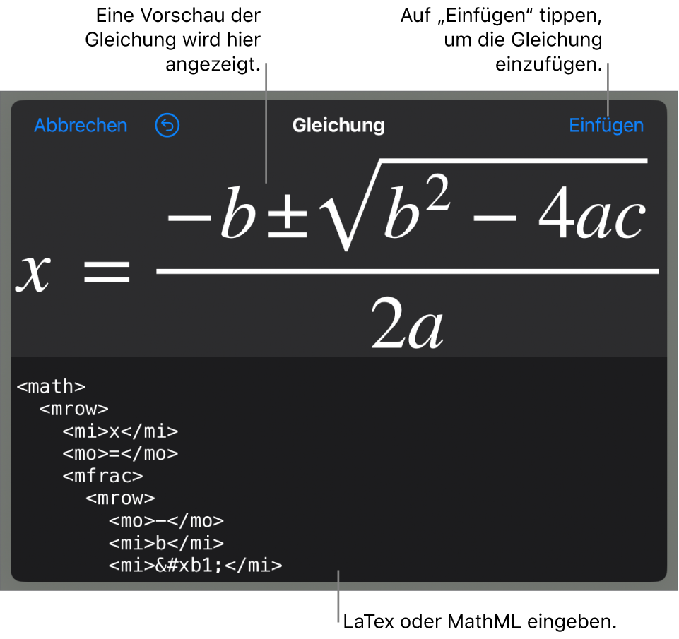 Im Dialogfenster „Gleichung“ wird eine Gleichung angezeigt, die mit MathML-Befehlen geschrieben wurde, darüber wird eine Vorschau der Formel angezeigt.