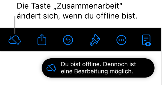 Die Tasten oben auf dem Bildschirm, darunter die Taste „Zusammenarbeit“, die als mit einer diagonalen Linie durchgestrichenen Wolke dargestellt wird. Ein Hinweis auf dem Bildschirm besagt, dass du offline bist, aber weiterhin arbeiten kannst.