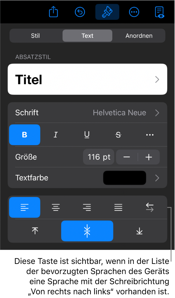 Die Textsteuerelemente im Menü „Format“ mit einer Beschreibung der Taste „Von rechts nach links“.