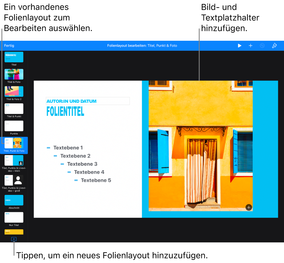 Ein Folienlayout ist auf dem Arbeitsbereich zu sehen, die Taste „Folienvorlage hinzufügen“ befindet sich unten im Foliennavigator.