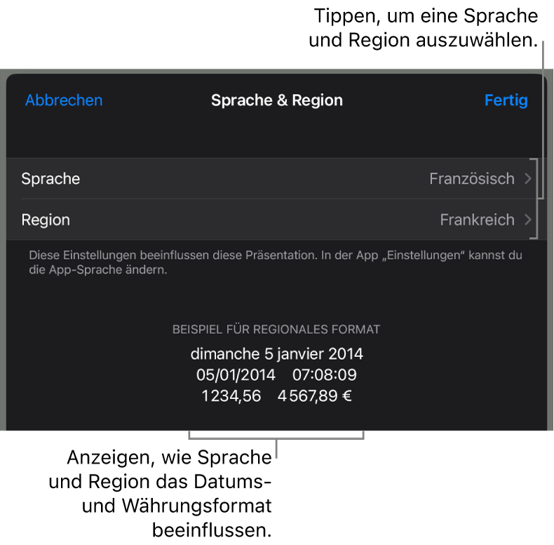 Das Fenster „Sprache & Region“ mit Einblendmenüs für Sprache und Region sowie einem Formatierungsbeispiel für Datum, Uhrzeit, Dezimalstellen und Währung.