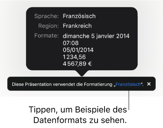 Die Mitteilung zur anderen Sprache und Region mit Beispielen der Formatierung in dieser Sprache und Region.