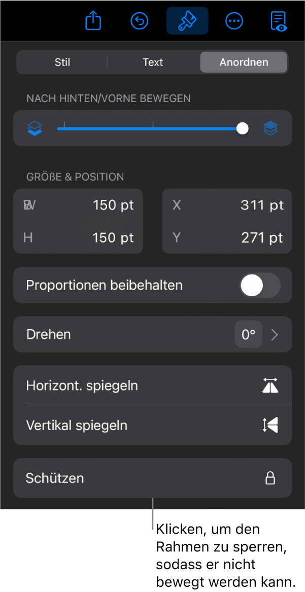 Die Steuerelemente „Anordnen“ im Menü „Format“ und die Taste „Schützen“ ist markiert