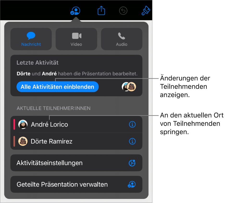 Das Menü „Zusammenarbeiten“ mit einer Liste der aktuellen Teilnehmer:innen.