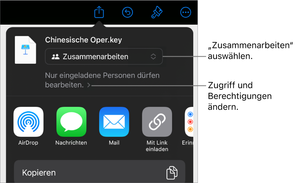 Im Menü „Teilen“ ist „Zusammenarbeiten“ oben ausgewählt und die Einstellungen für Zugriff und Berechtigungen befinden sich darunter.