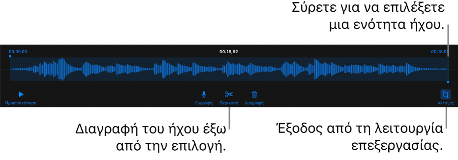 Στοιχεία ελέγχου για επεξεργασία ήχου εγγραφής. Λαβές που υποδεικνύουν την επιλεγμένη ενότητα της εγγραφής και τα κουμπιά «Προεπισκόπηση», «Περικοπή», «Διαγραφή» και «Επεξεργασία» από κάτω.