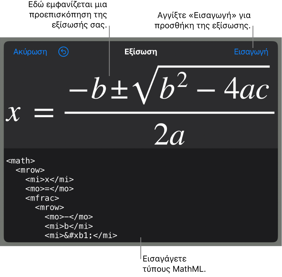Το πλαίσιο διαλόγου «Εξίσωση», στο οποίο εμφανίζεται μια εξίσωση που έχει γραφεί με χρήση εντολών MathML και μια προεπισκόπηση του τύπου από πάνω.