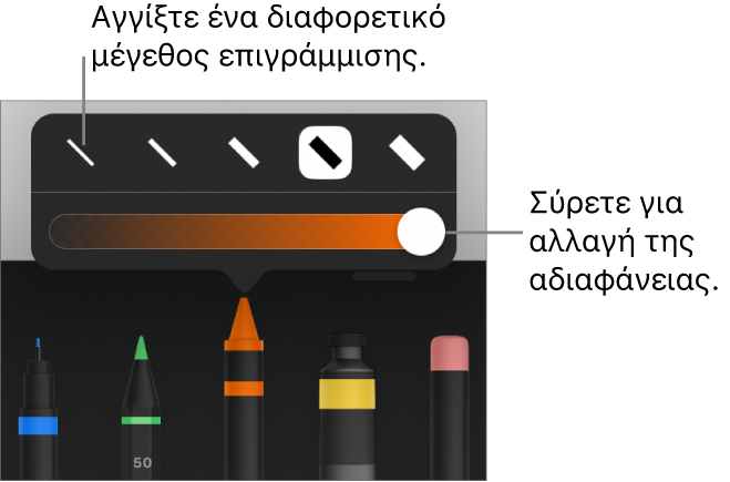 στοιχεία ελέγχου για επιλογή μεγέθους επιγράμμισης και ρυθμιστικό για προσαρμογή της αδιαφάνειας.