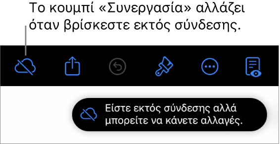 Τα κουμπιά στο πάνω μέρος της οθόνης, και το κουμπί «Συνεργασία» έχει αλλάξει σε σύννεφο με μια διαγώνια γραμμή που το διαπερνά. Μια ειδοποίηση στην οθόνη που λέει «Είστε εκτός σύνδεσης αλλά μπορείτε να κάνετε αλλαγές».