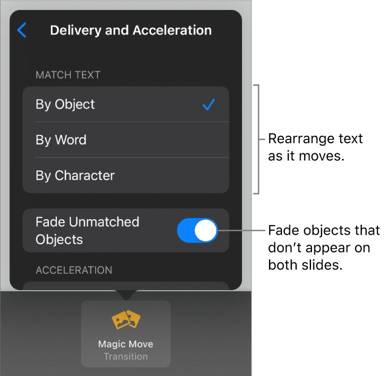 Magic Move delivery and acceleration options in the Acceleration pane.