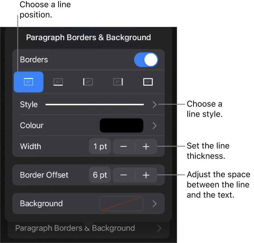 Controls to change the line style, thickness, position and colour.