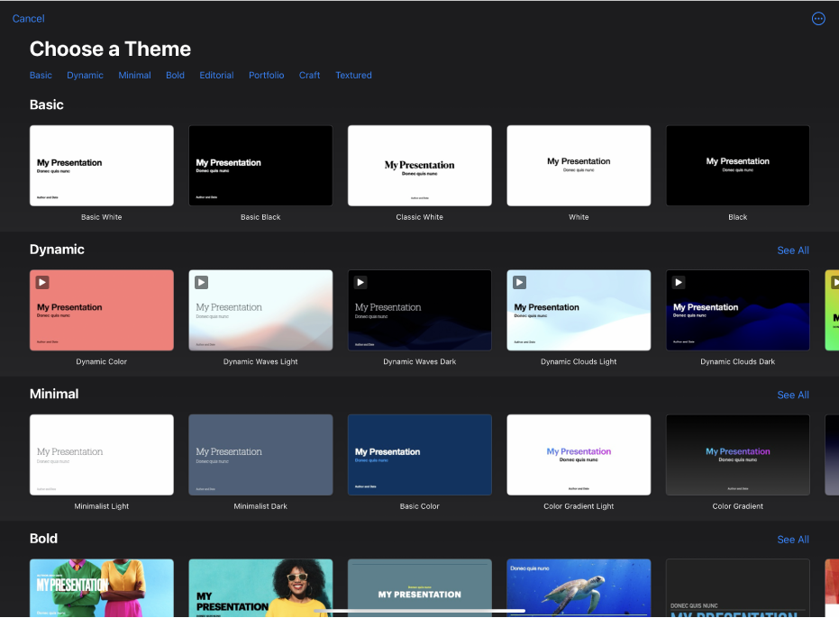 The theme chooser, showing a row of categories across the top that you can tap to filter the options. Below are thumbnails of pre-designed themes arranged in rows by category.