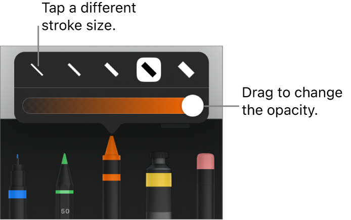 Controls for choosing a stroke size and a slider for adjusting the opacity.