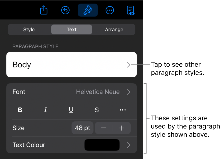 The Format menu showing text controls for setting paragraph and character styles, font, size and colour.