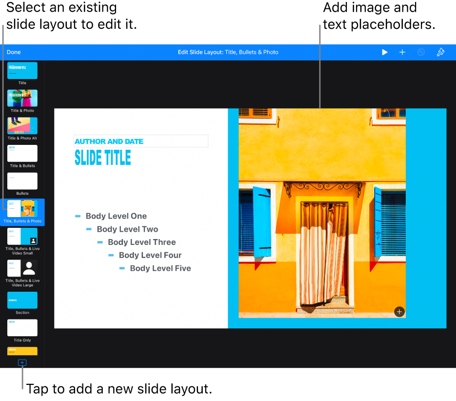 A slide layout showing on the slide canvas, with the Add Slide Layout button at the bottom of the slide navigator.