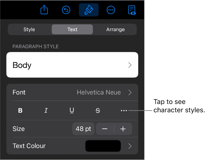 The Format controls with paragraph styles at the top, then Font controls. Below Font are the Bold, Italic, Underline, Strikethrough and More Text Options buttons.