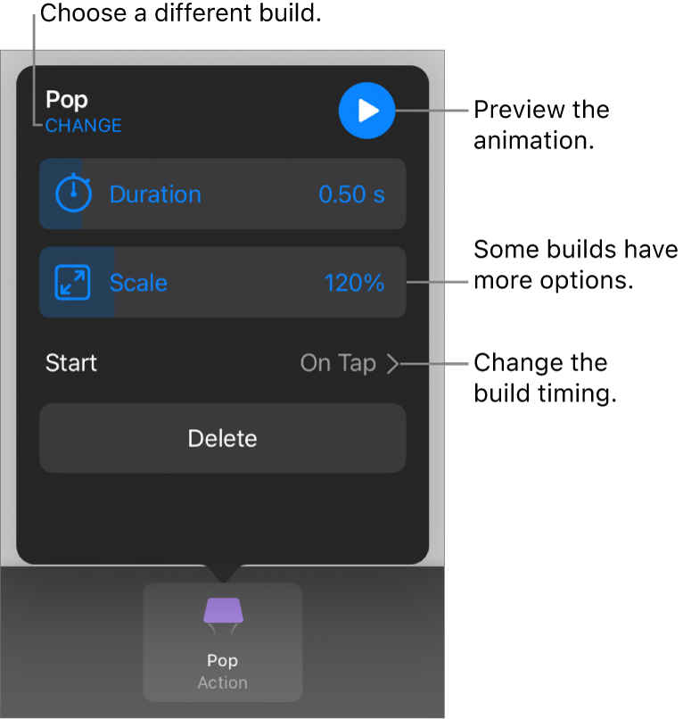 Build options include Duration and Start timing. Tap Change to choose a different build, or tap Preview to preview the build.