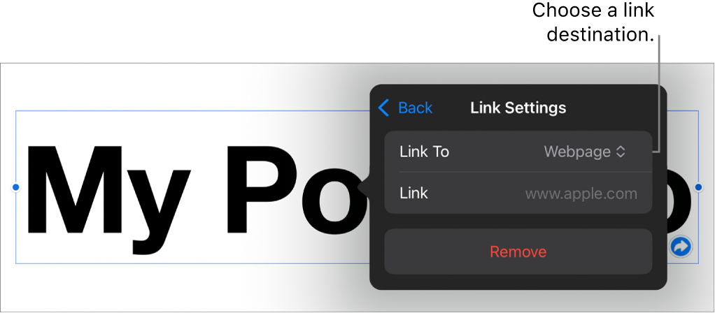 The Link Settings controls with Webpage selected, and the Remove button at the bottom.