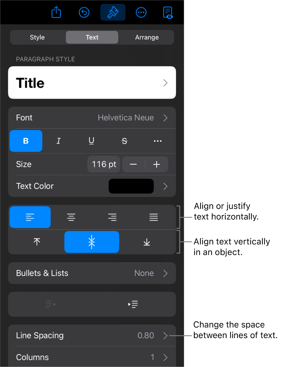 The Layout pane with callouts to the text alignment and spacing buttons.